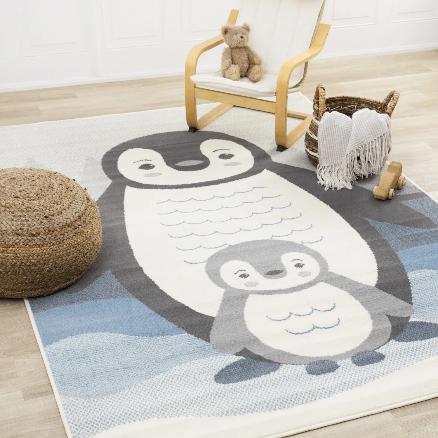 Kids Baby Penguin Area Rug - Grey Blue - 4' X 6'