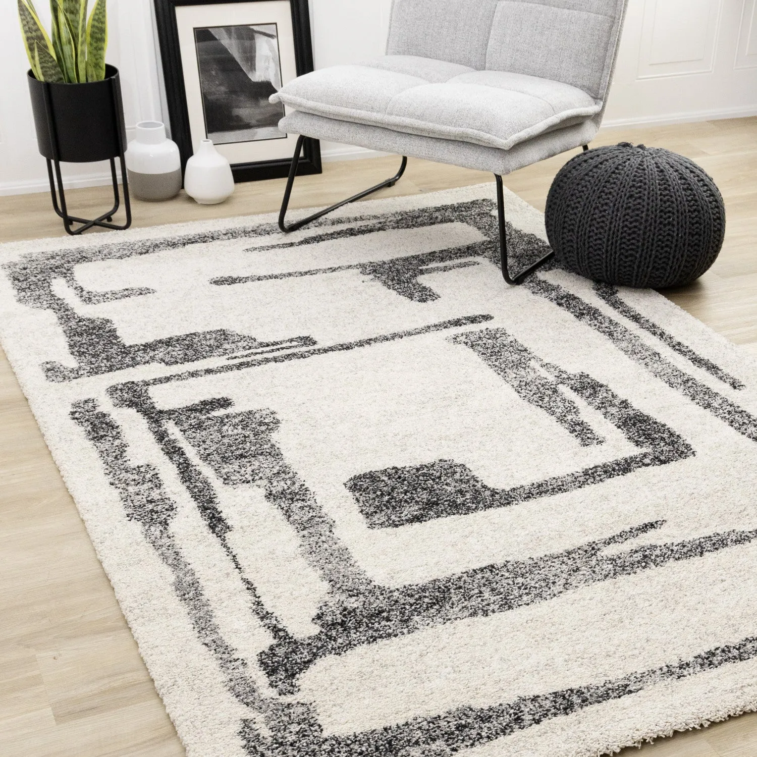 Marquee Modern Abstract Area Rug - Cream Black - 8' X 11'