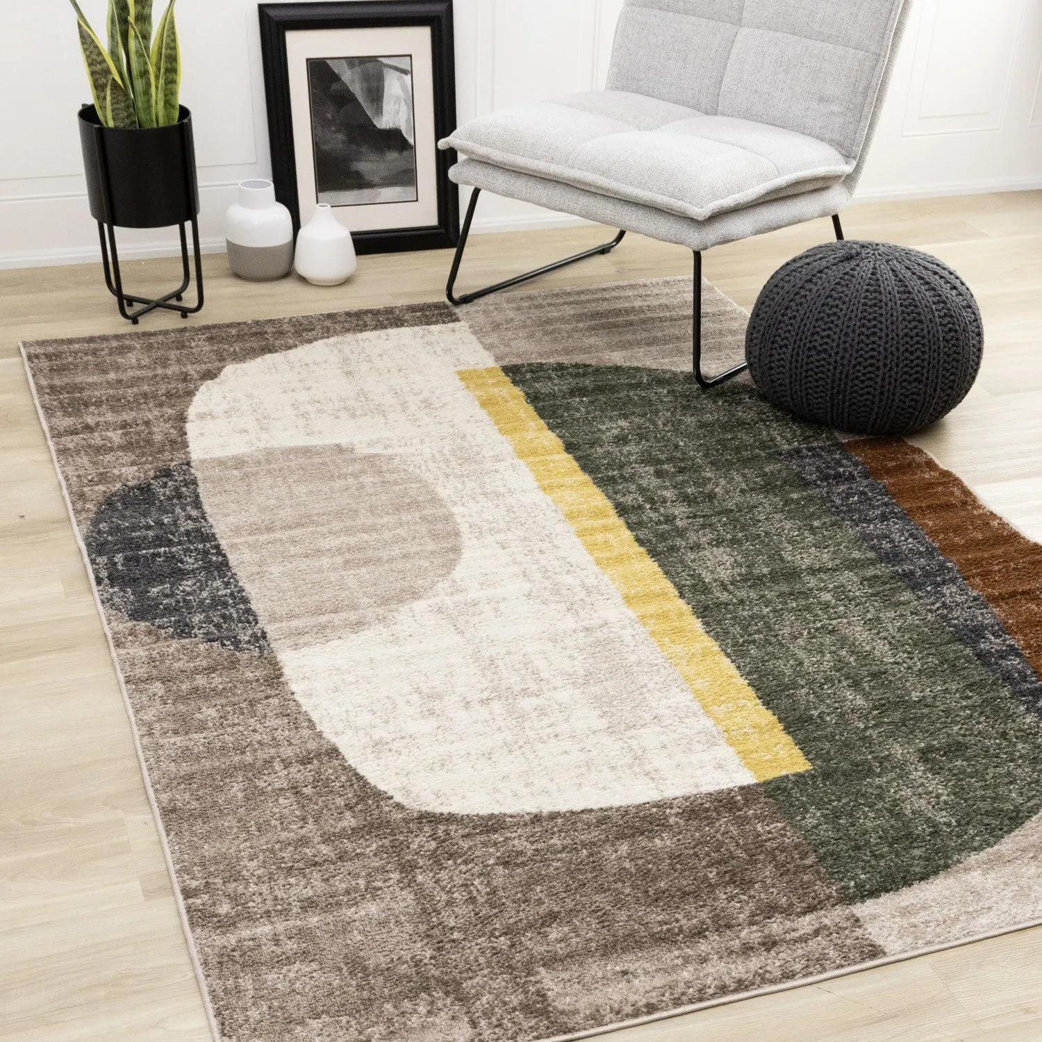 Maui Modern Geometric Area Rug - Grey Green Yellow - 5' X 8'